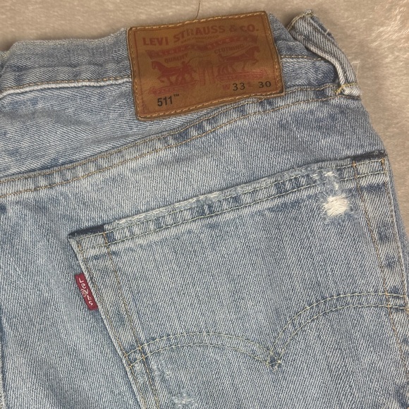 Levi’s Men’s Slim Fit Distressed 100% Cotton Zipper Fly Raw Hem Blue Jeans 33 - Picture 12 of 16